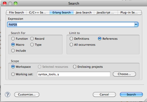 Erlang search dialog